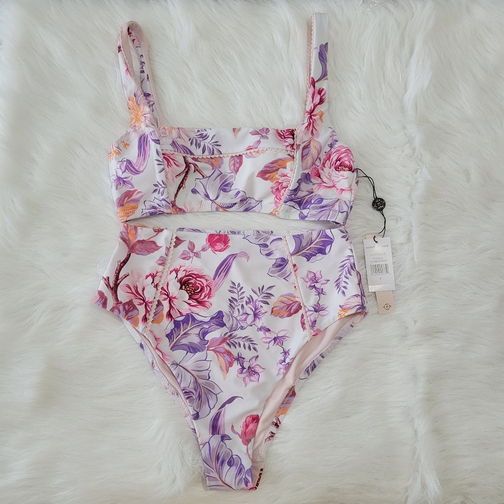 Nanette Lepore Floral Cutout One-Piece Bikini in White, Purple, Pink